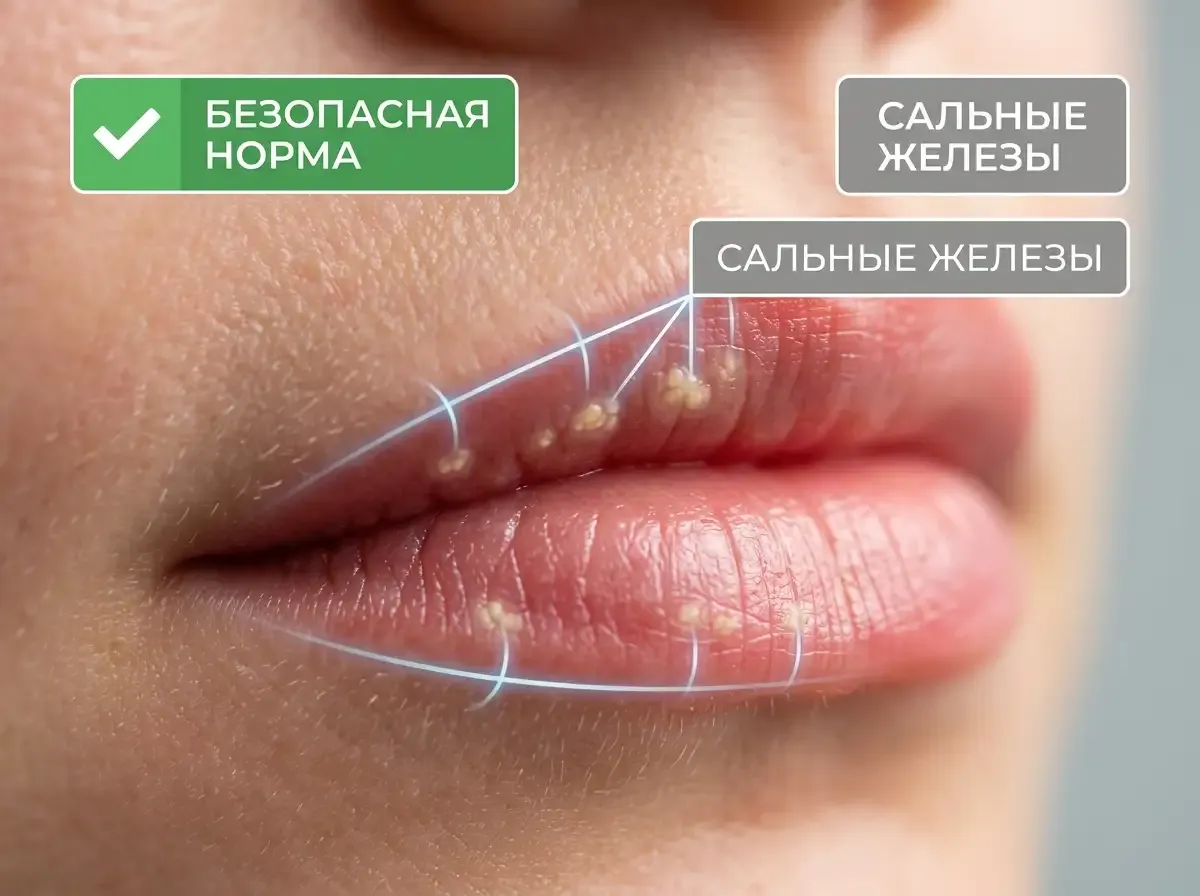 Анатомическое строение эктопических сальных желез на красной кайме губ