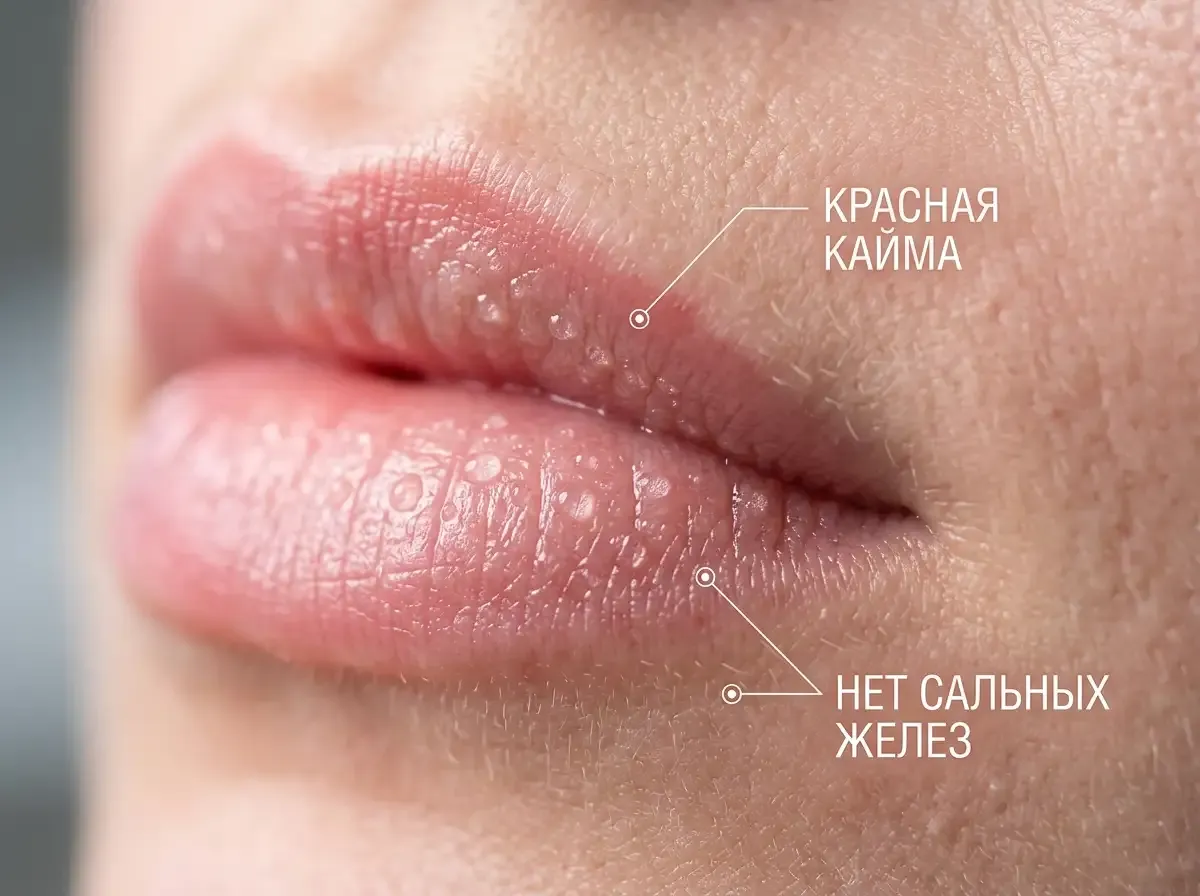 Анатомическое строение красной каймы губ и отсутствие сальных желез