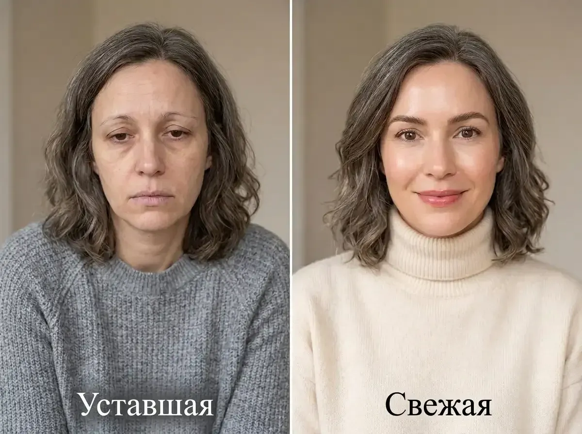 Уставший и свежий образ: тусклая кожа, опущенные брови и серый свитер против ухоженных бровей, сияющей кожи и светлых цветов у лица
