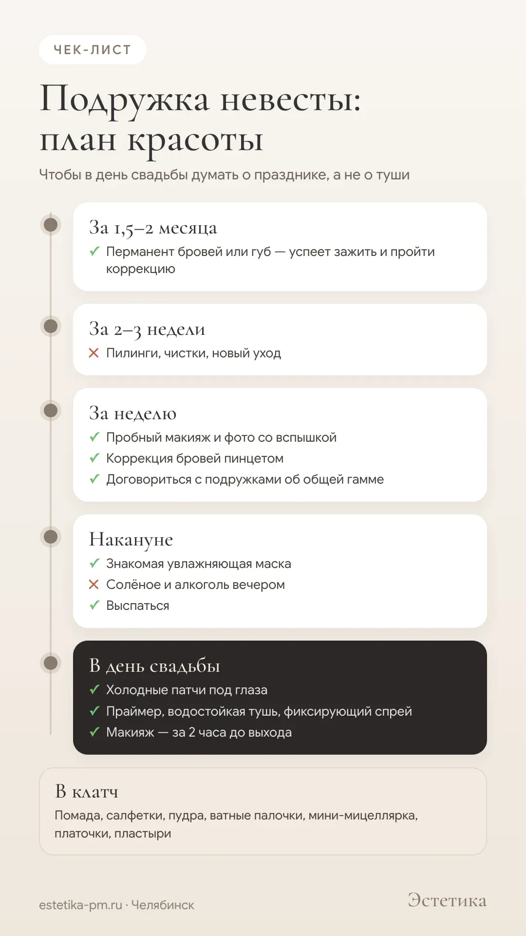 Инфографика: подготовка подружки невесты по дням и что положить в косметичку на свадьбу
